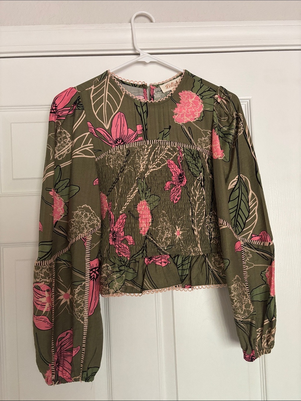 Listicle Olive Green Floral Smocked Blouse with Pink Flowers